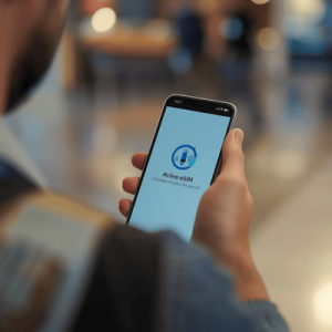 a traveler holding a smartphone with eSIM activated