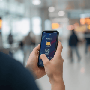a traveler holding mobile phone with eSIM activated