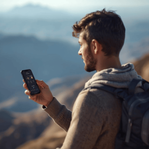 a traveler holding phone with digital sim activated