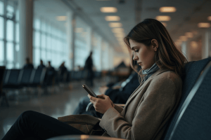 a traveler on airport waiting and using mobile phone