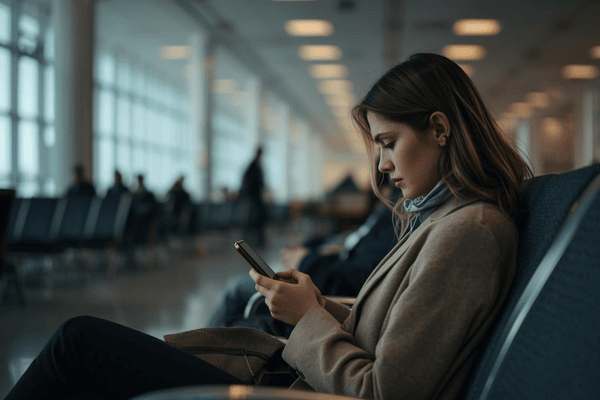 a traveler on airport waiting and using mobile phone