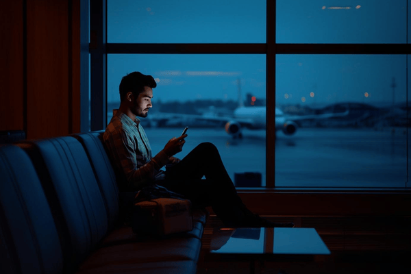 a traveler on an airport lounge waiting for flight using smartphone