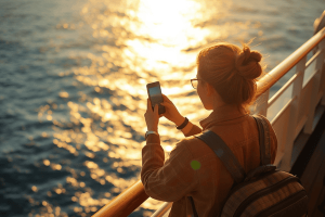 a traveler on cruise ship holding a mobile phone
