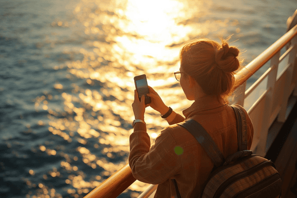 a traveler on cruise ship holding a mobile phone