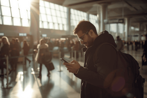 a traveler on international travel using a smartphone