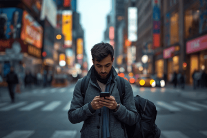 a traveler on the city using a smartphone
