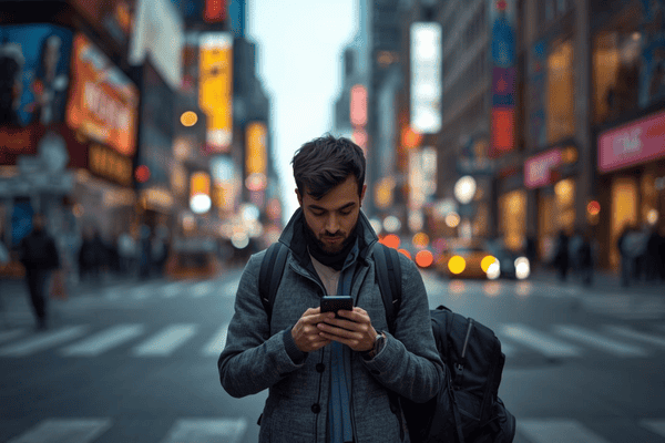 a traveler on the city using a smartphone