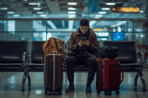 a traveler sitting on airport with luggage using smartphone