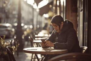 a traveler sitting on cafe using a smartphone