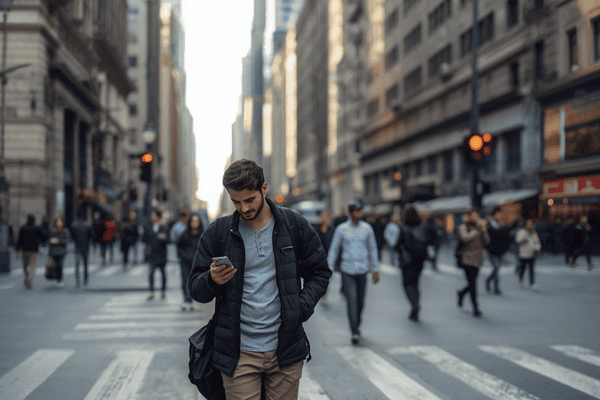 a traveler using a mobile phone while strolling through the city