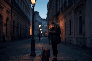 a traveler using a mobile phone with luggage on a European travel