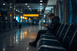 a traveler using a smartphone while waiting at the airport