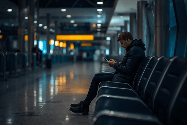 a traveler using a smartphone while waiting at the airport