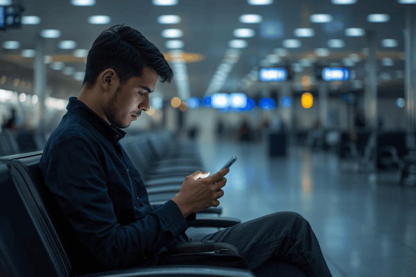a traveler using a smartphone while waiting at the airport