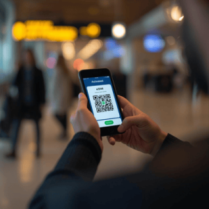 a traveler using smartphone with eSIM QR activated