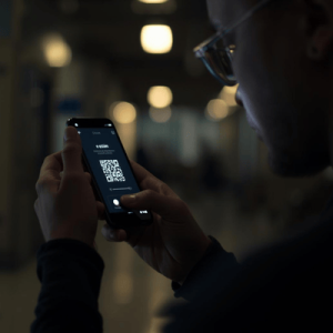 a traveler using smartphone with eSIM QR activated