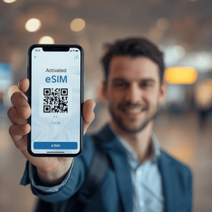 a traveler using smartphone with eSIM QR activated