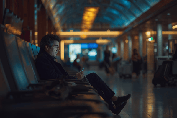 a traveler waiting for flight at the airport while using a smartphone