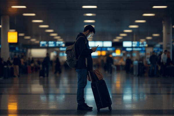 a traveler waiting for flight with luggage and holding a smartphone
