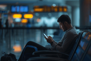 a traveler waiting on the airport lounge while using smartphone