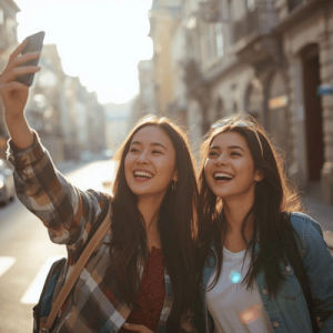 a two tourist friends and the one holding a smartphone