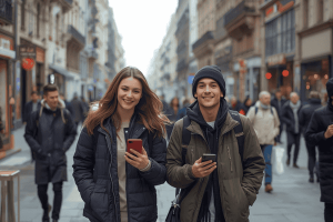 a two traveler friend walking on the city, one holding a smartphone