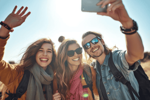 three friends happy traveling and one holding a smartphone