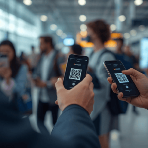 travelers using smartphone with eSIM QR activated