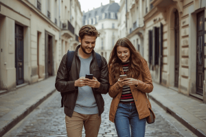 two friends roaming around Paris using smartphone