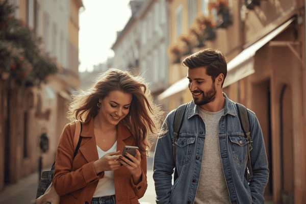 two friends traveling in France, one using a smartphone