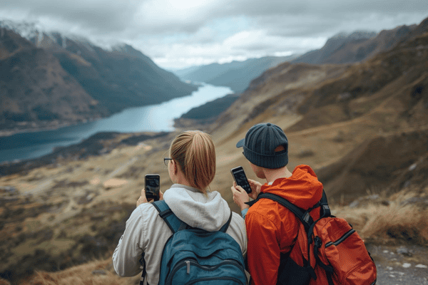 two friends traveling in New Zealand, one using a smartphone