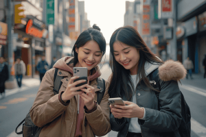 two friends traveling in Seoul, one using a smartphone