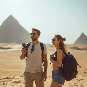 two tourist friends roaming around Egypt using smartphone