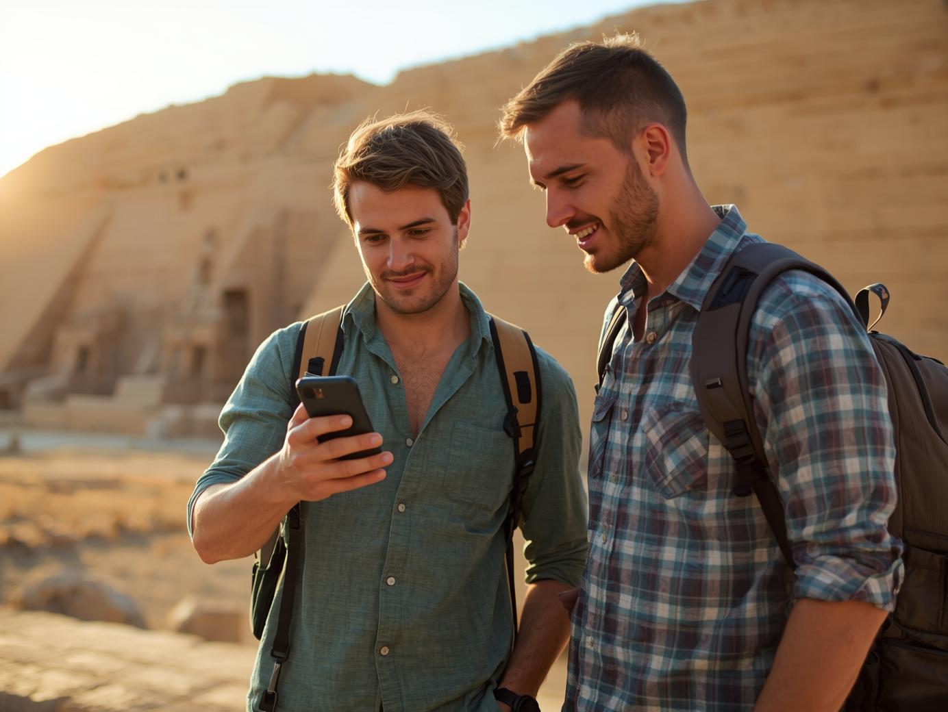 two tourist friends roaming around Egypt using smartphone