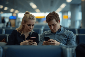 2 travelers waiting on the airport lounge while using smartphone