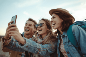 3 friends on enjoying travel and using smartphone