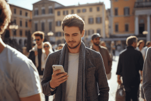 A group of friends strolling around Italy, one using a smartphone