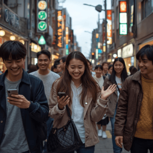 A group of friends strolling around Osaka, one using a smartphone