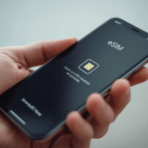 a close-up hand holding a smartphone with eSIM activated