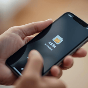 a close-up hand holding a smartphone with eSIM activated