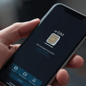 a close-up hand holding a smartphone with eSIM activated