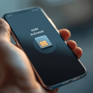 a close-up hand holding a smartphone with eSIM activated
