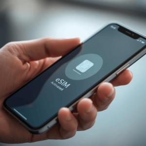 a close-up hand holding a smartphone with eSIM activated