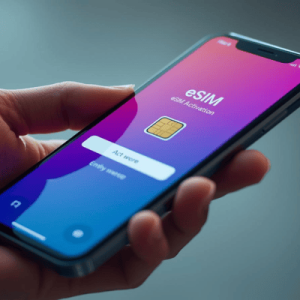 a close-up hand holding a smartphone with eSIM activated