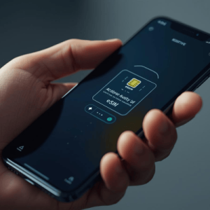a close-up hand holding a smartphone with eSIM activated