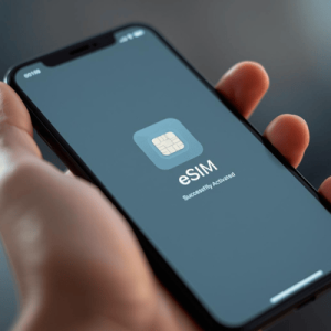 a close-up hand holding a smartphone with eSIM activated
