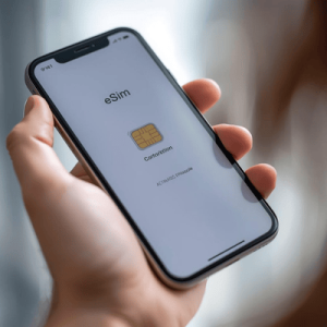 a close-up hand holding a smartphone with eSIM activated