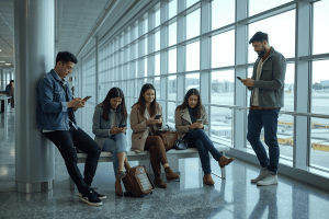 a group of friend travelers waiting the airport using their smartphone
