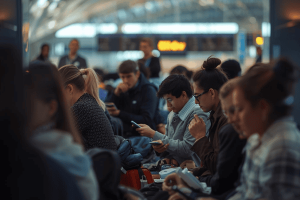 a group of travelers waiting for their flight and some are using their smartphone