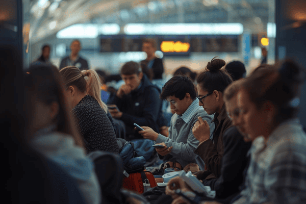 a group of travelers waiting for their flight and some are using their smartphone
